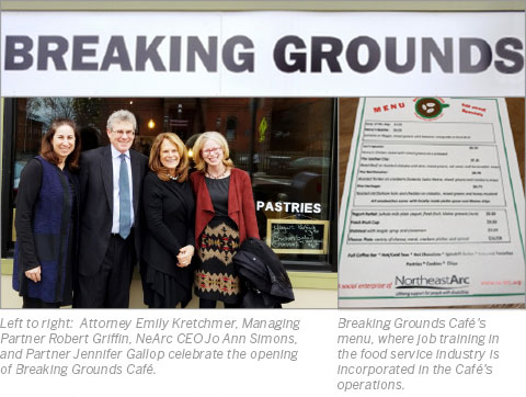 BREAKING GROUNDS; Left to right: Attorney Emily Kretchmer, Managing Partner Robert Griffin, NeArc CEO Jo Ann Simons, and Partner Jennifer Gallop celebrate the opening of Breaking Grounds CafE